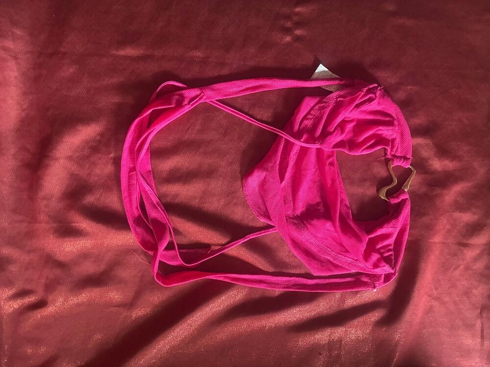 Haute Bikini Top Womens S Hot Pink Halter Tie Bandeau Gold Accent Shimmer Straps